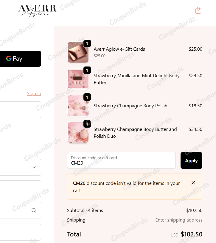 20% Averr Aglow Promo Code Verification Screenshot