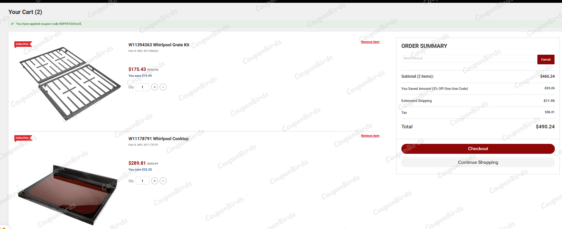 5% Part Advantage Promo Code Verification Screenshot