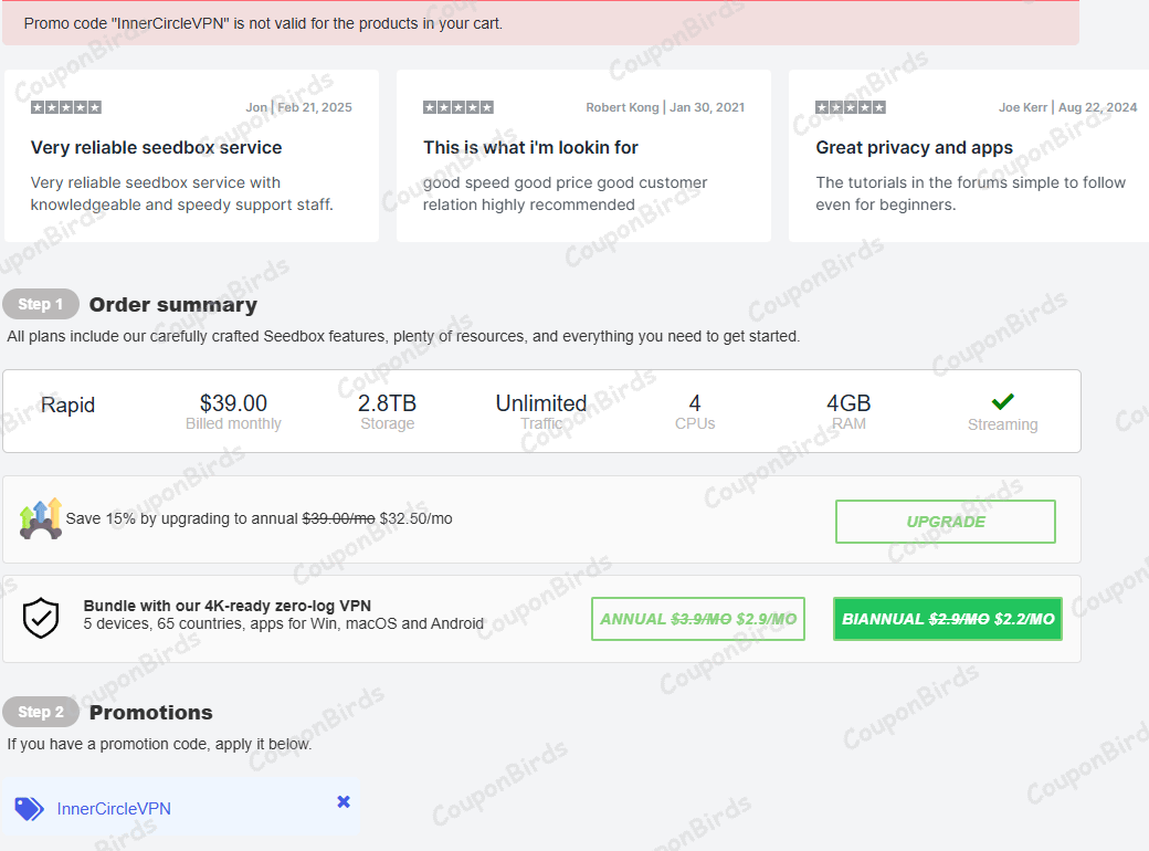 40% RapidSeedbox Promo Code Verification Screenshot