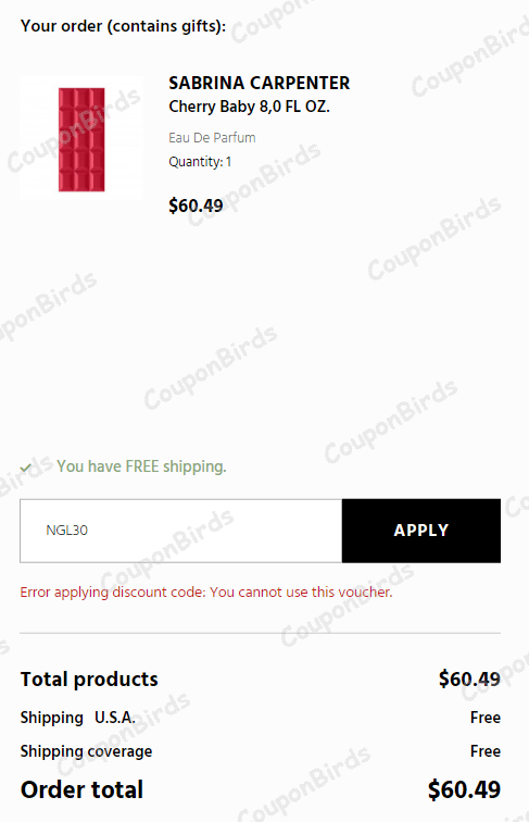 5% Sabina Promo Code Verification Screenshot