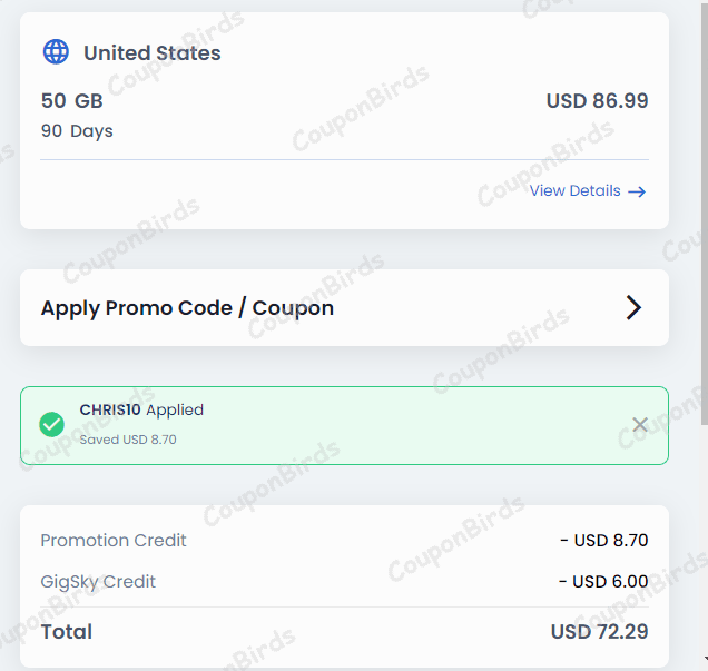 10% GigSky Promo Code Verification Screenshot