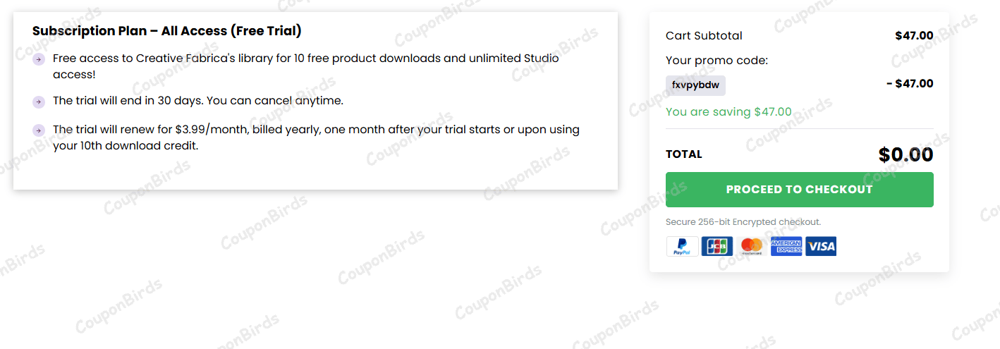 10% Creative Fabrica Promo Code Verification Screenshot