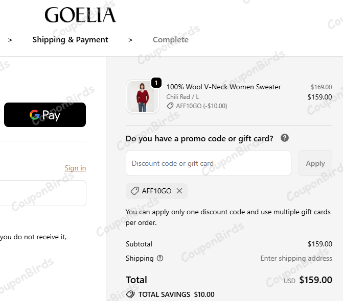 $10 GOELIA Promo Code Verification Screenshot