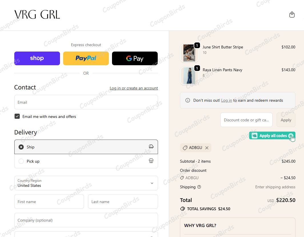 10% VRG GRL Promo Code Verification Screenshot