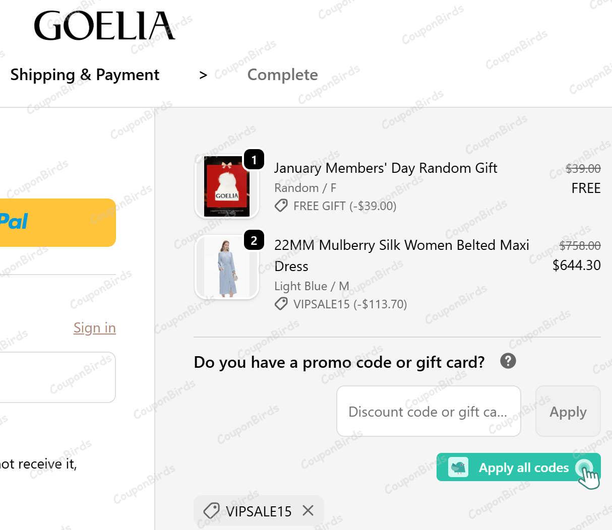 15% GOELIA Promo Code Verification Screenshot