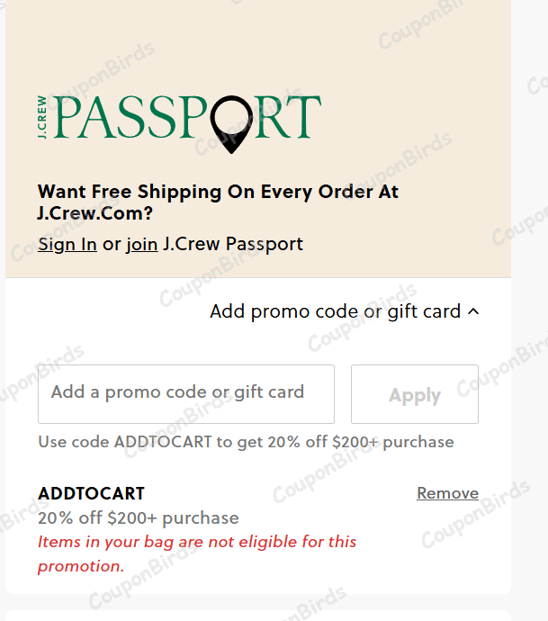20% J.Crew Promo Code Verification Screenshot