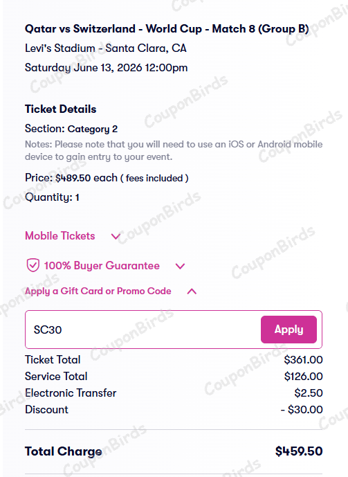 $30 Vivid Seats Promo Code Verification Screenshot