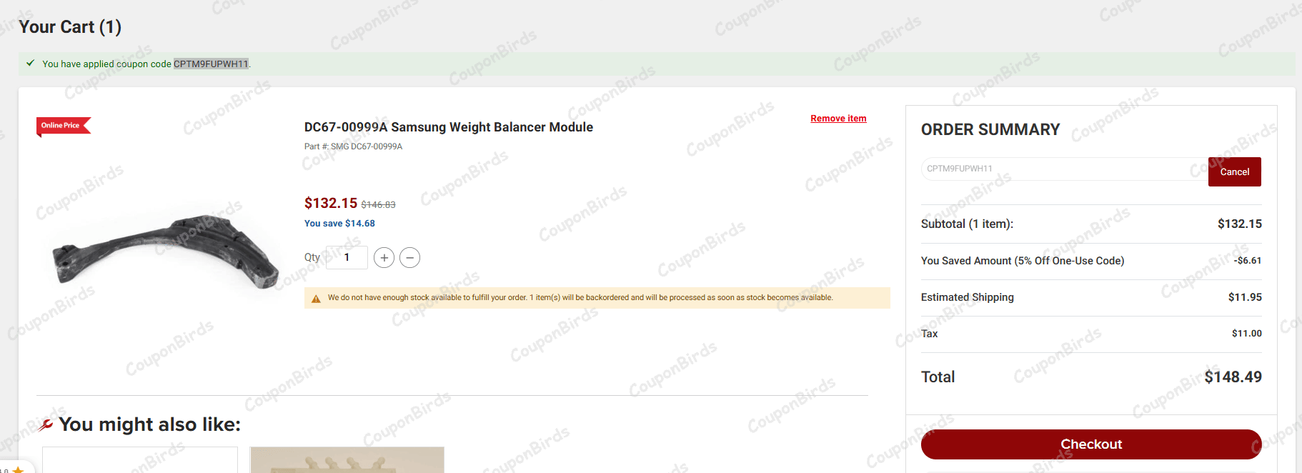5% Part Advantage Promo Code Verification Screenshot