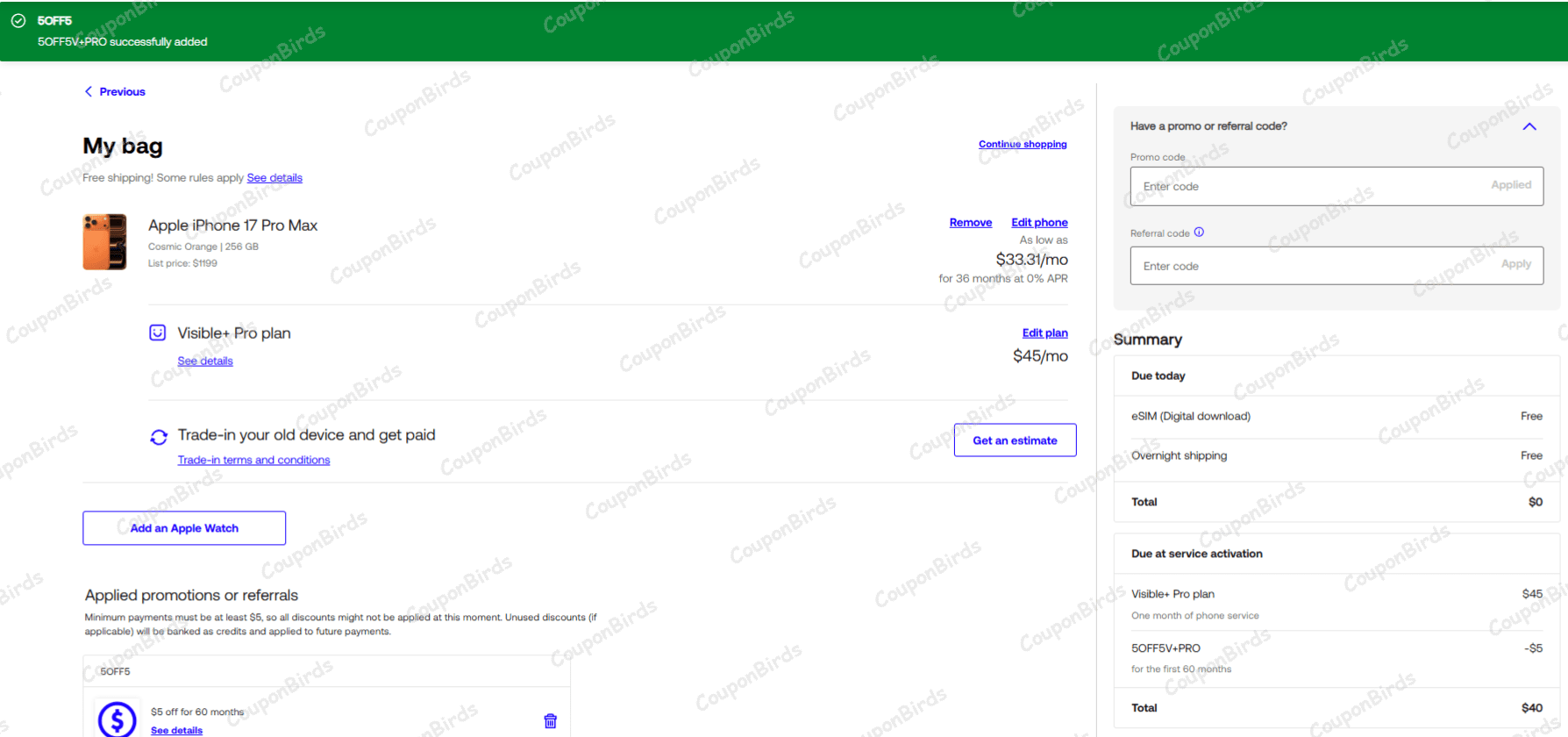 $5 Visible Promo Code Verification Screenshot