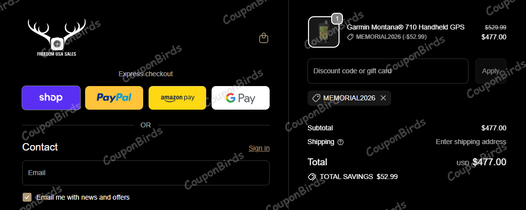 10% Freedom USA Sales Promo Code Verification Screenshot
