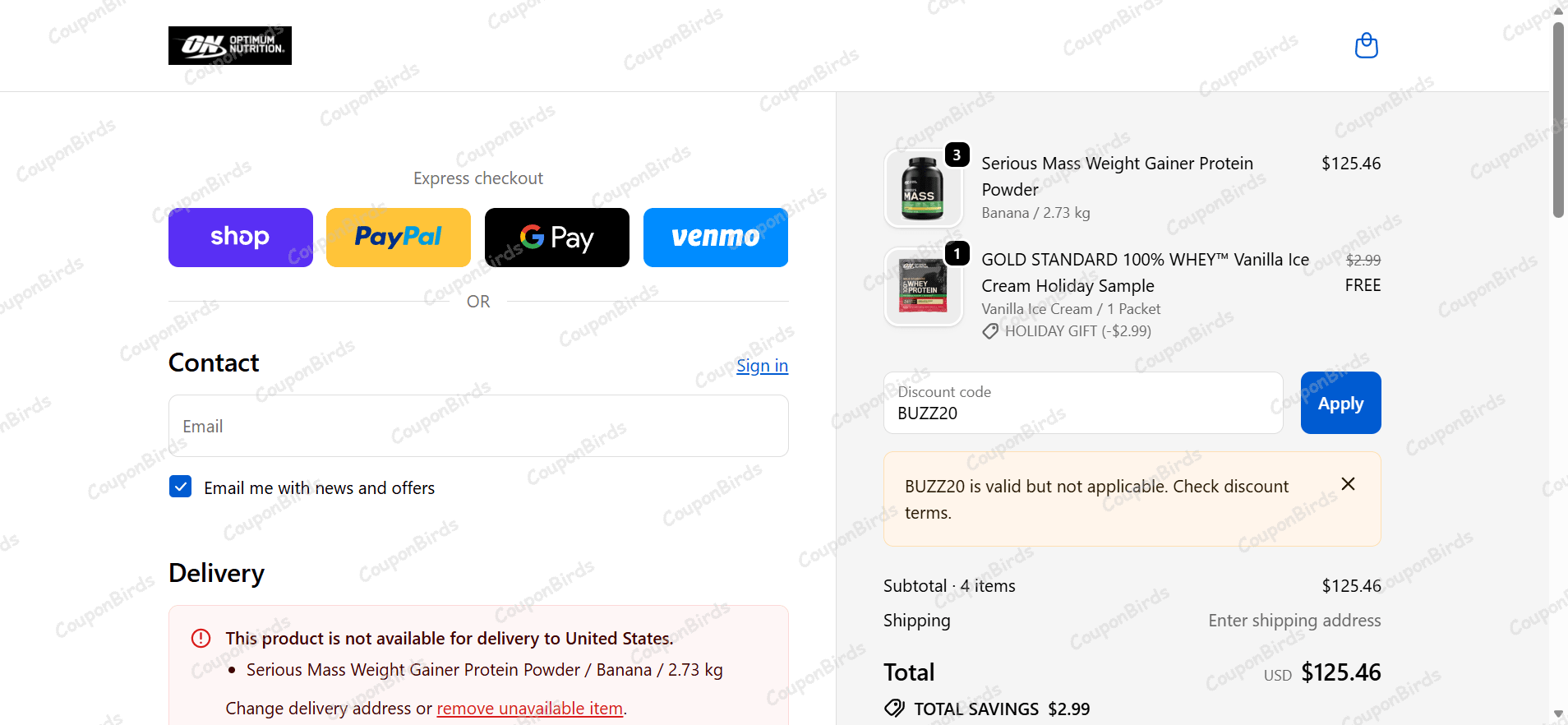 20% Optimum Nutrition Promo Code Verification Screenshot