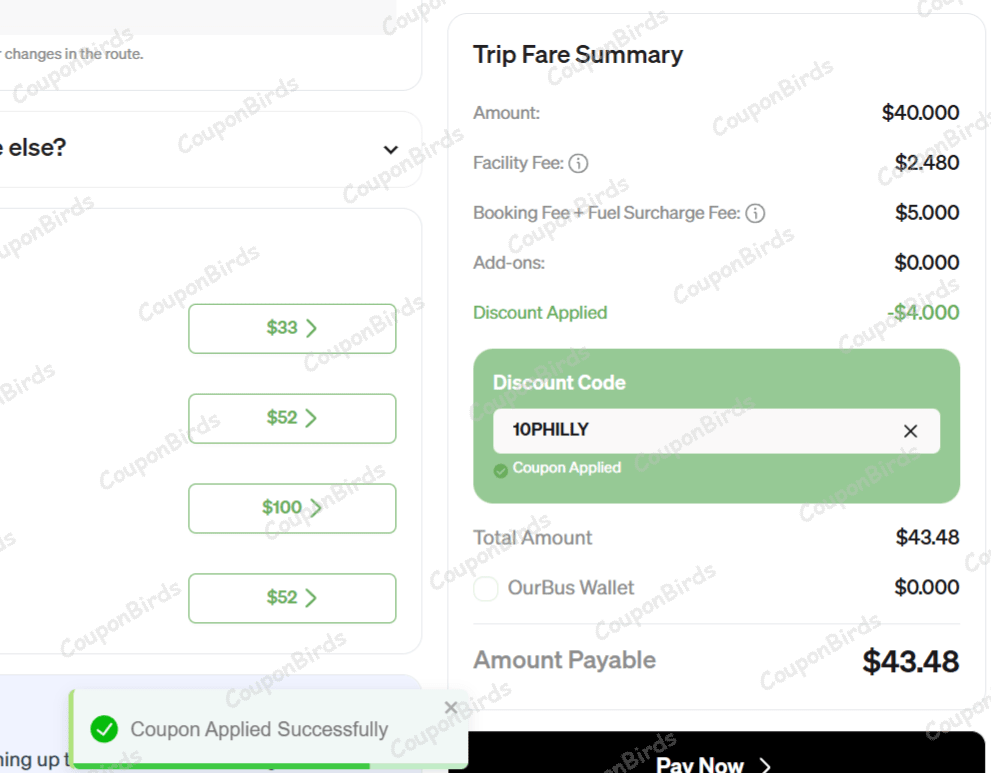 10% OurBus Promo Code Verification Screenshot