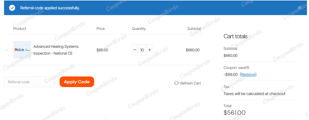 15% Inspection Schools Promo Code Verification Screenshot