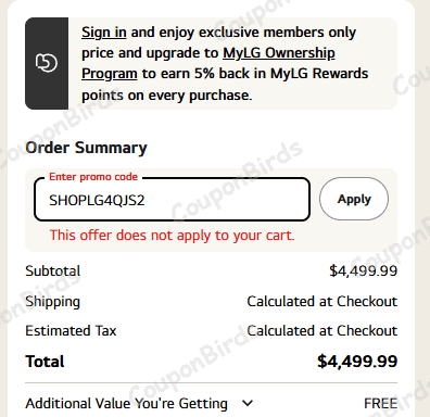 10% LG Promo Code Verification Screenshot