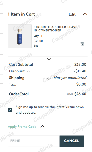 30% Virtue Labs Promo Code Verification Screenshot