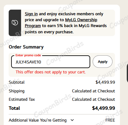 10% LG Promo Code Verification Screenshot