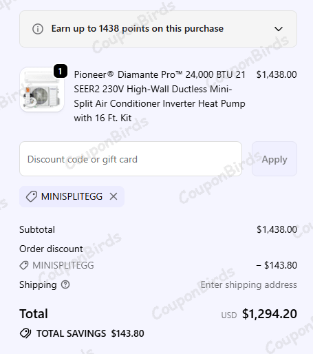 10% Pioneer Mini Split Promo Code Verification Screenshot