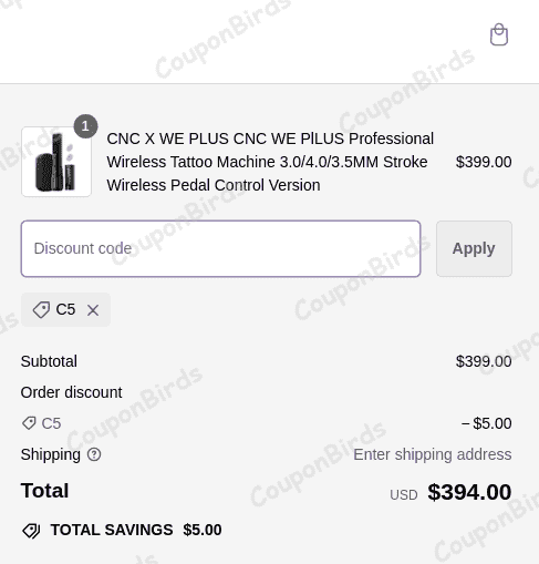 $5 CNC Tattoo Promo Code Verification Screenshot