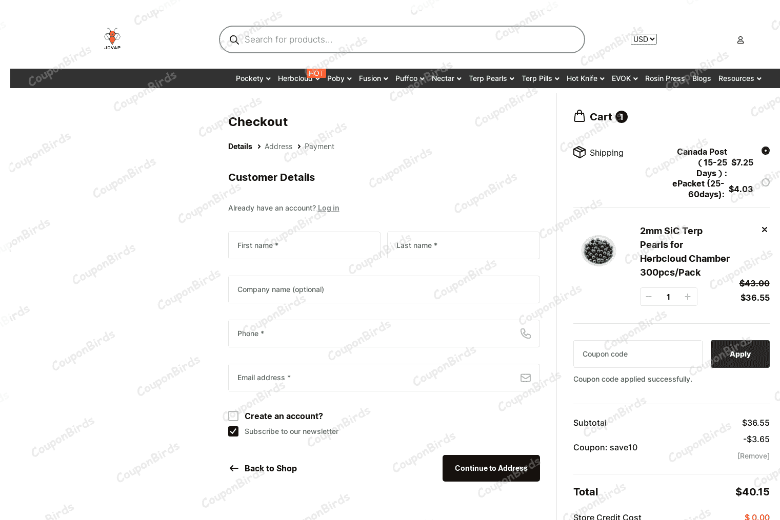 10% JCVAP Promo Code Verification Screenshot