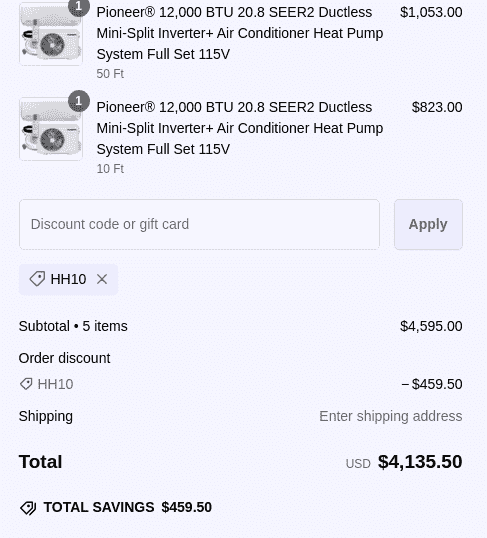 10% Pioneer Mini Split Promo Code Verification Screenshot