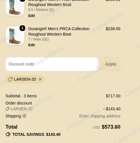 20% Durango Boots Promo Code Verification Screenshot