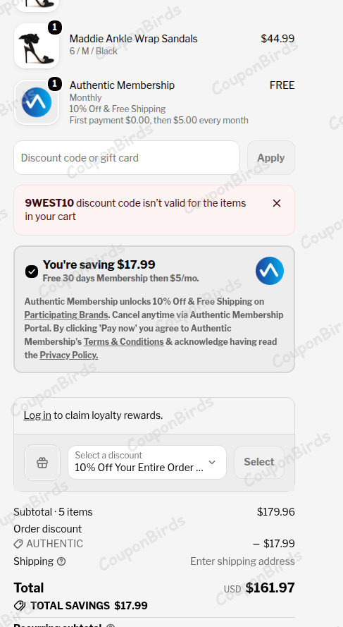 $10 Nine West Promo Code Verification Screenshot