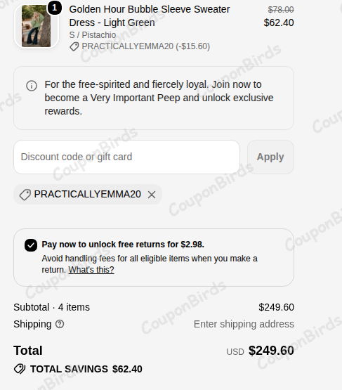 20% Three Bird Nest Promo Code Verification Screenshot