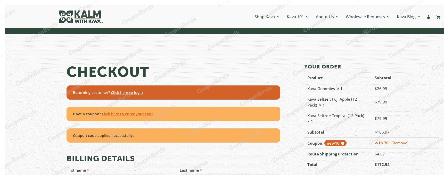 10% Kalm with Kava Promo Code Verification Screenshot