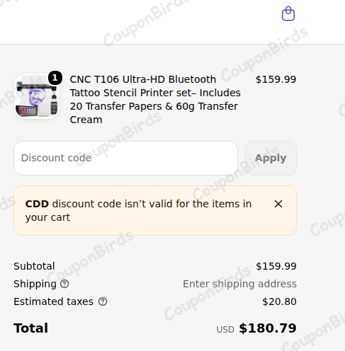 15% CNC Tattoo Promo Code Verification Screenshot