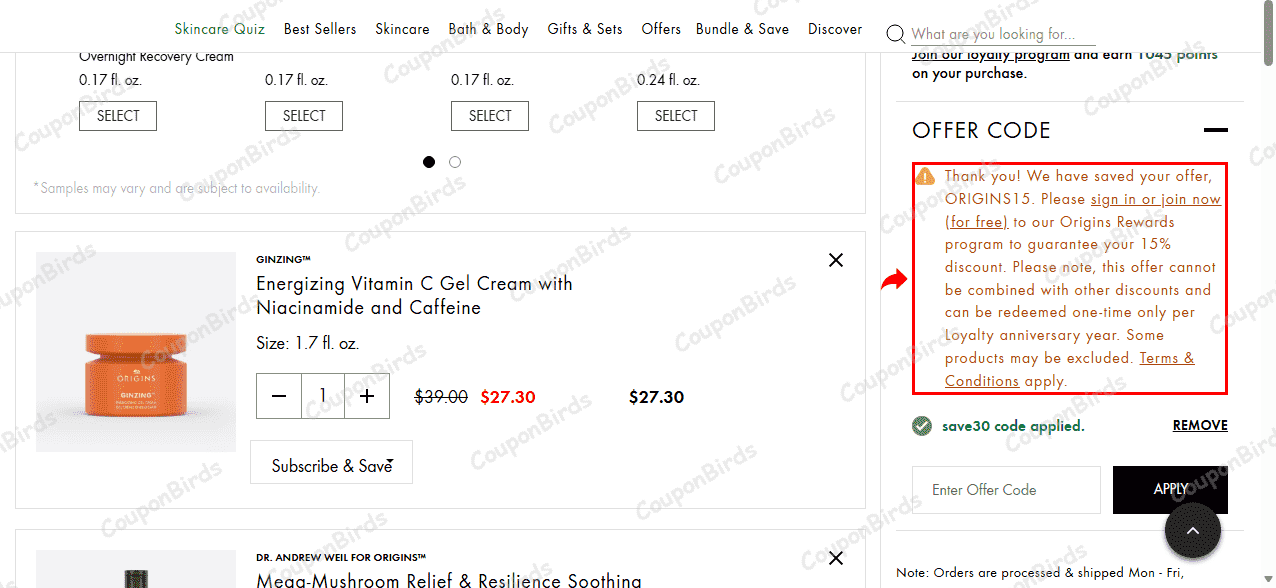 30% Origins Promo Code Verification Screenshot