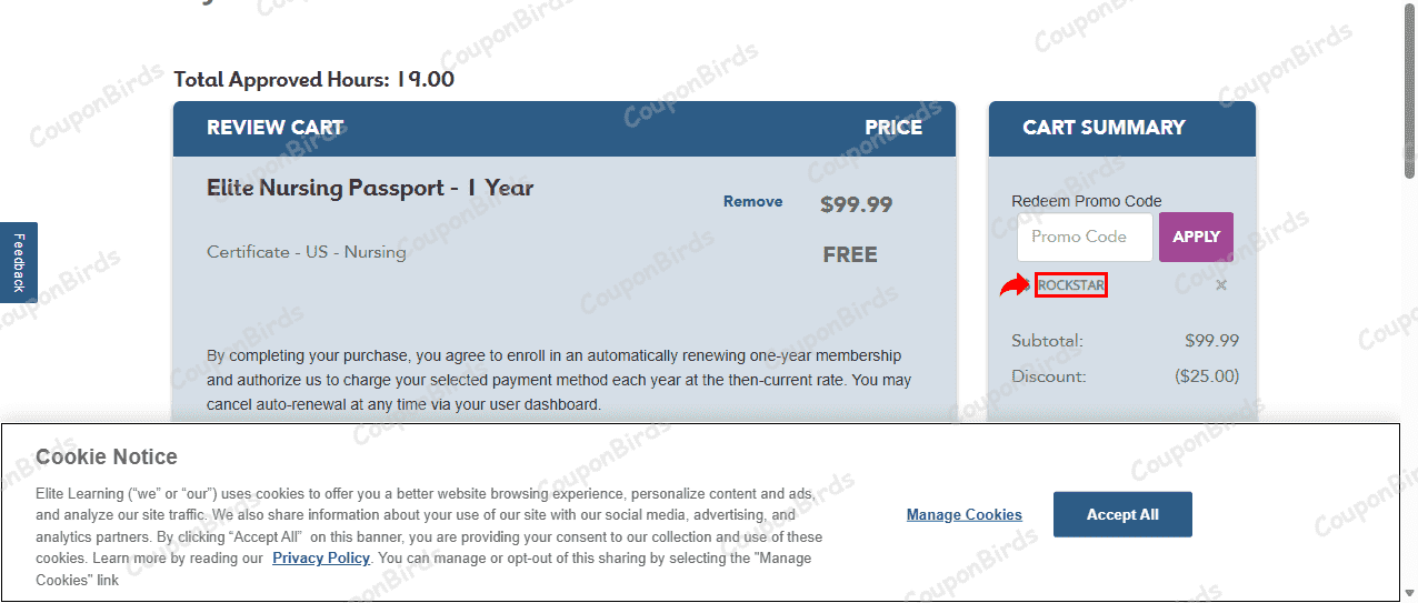 25% Elite Learning Promo Code Verification Screenshot