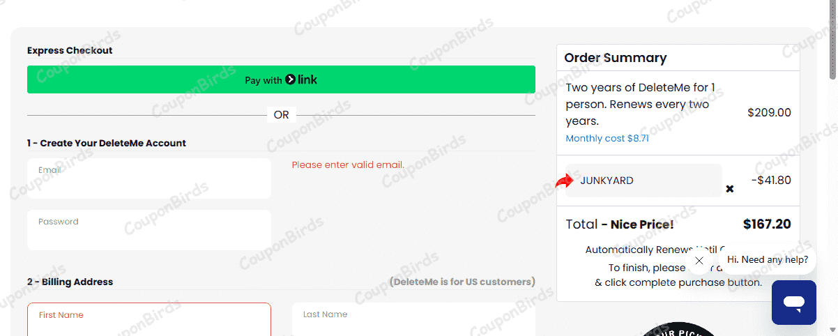 20% DeleteMe Promo Code Verification Screenshot