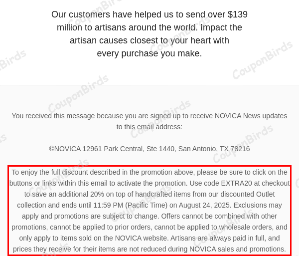 20% Novica Promo Code Verification Screenshot