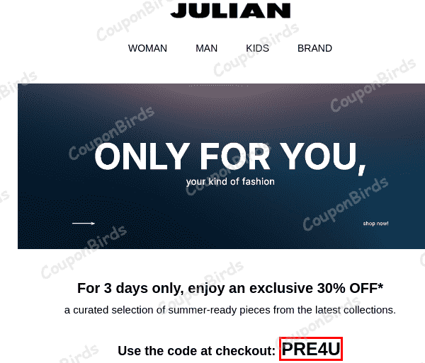 30% Julian Fashion Promo Code Verification Screenshot
