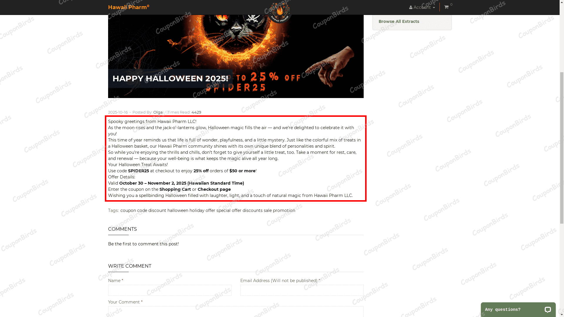 25% Hawaii Pharm Promo Code Verification Screenshot